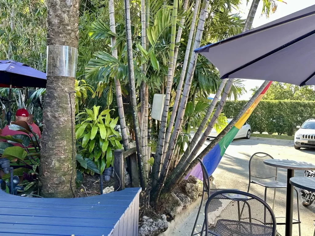 image3 Tropical outdoor patio with metal seating, rainbow pride flag, and lush greenery, creating a relaxed and inclusive space welcoming to LGBTQ+ and trans community members.